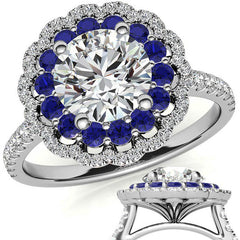 Round Halo Cathedral Moissanite Engagement Ring with Gemstone Accents