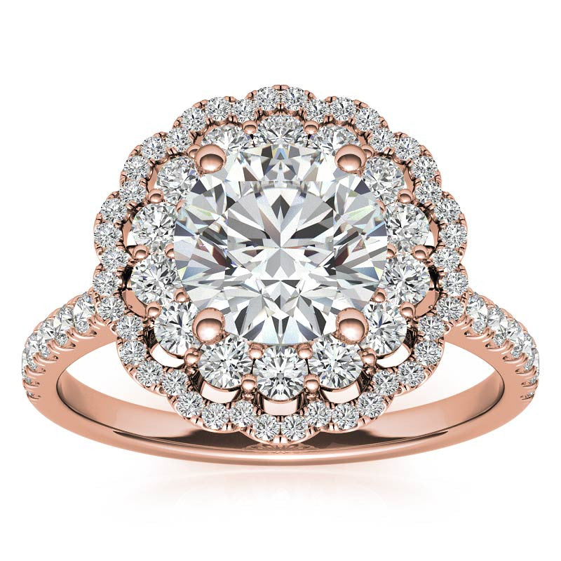 Round Halo Cathedral Moissanite Engagement Ring with Gemstone Accents