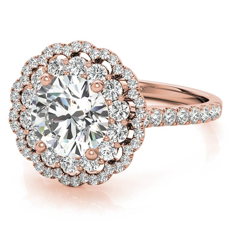 Round Halo Cathedral Moissanite Engagement Ring with Gemstone Accents