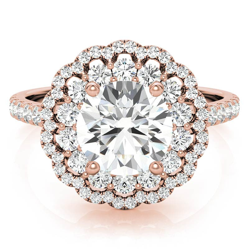 Round Halo Cathedral Moissanite Engagement Ring with Gemstone Accents