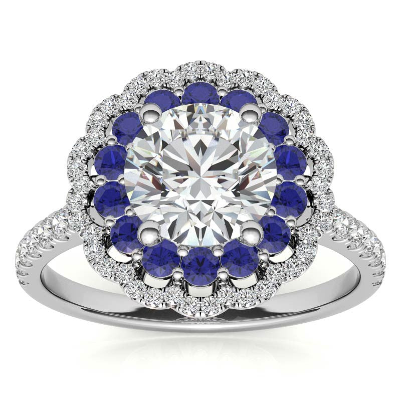 Round Halo Cathedral Moissanite Engagement Ring with Gemstone Accents
