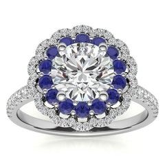 Round Halo Cathedral Moissanite Engagement Ring with Gemstone Accents