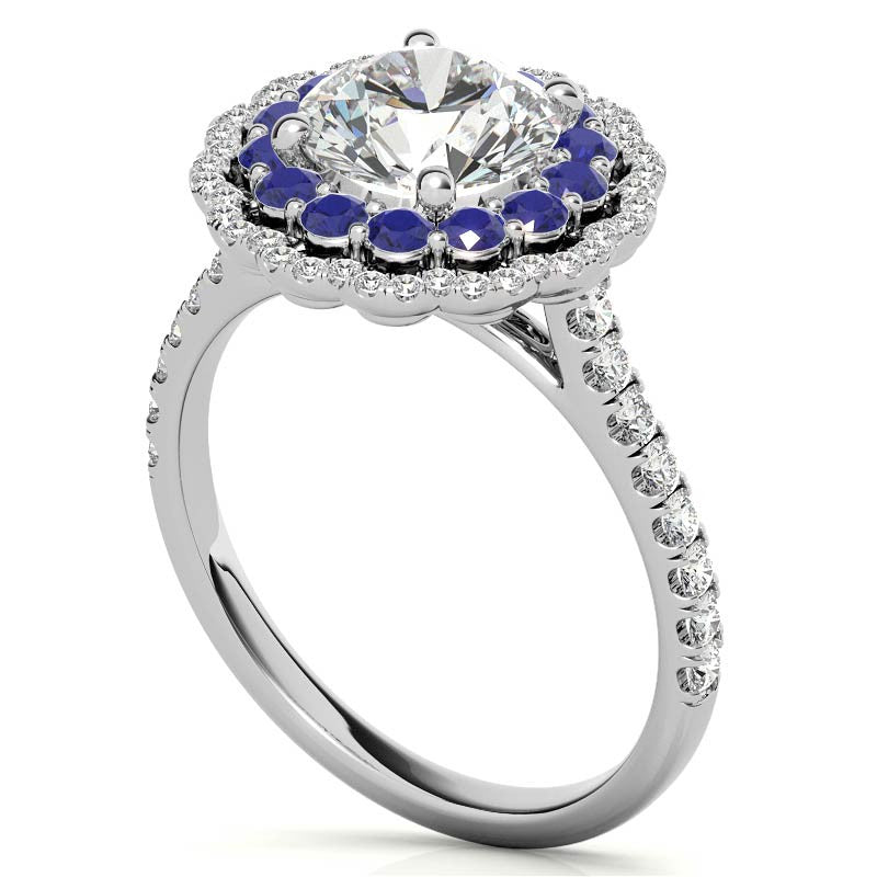 Round Halo Cathedral Moissanite Engagement Ring with Gemstone Accents