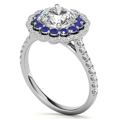Round Halo Cathedral Moissanite Engagement Ring with Gemstone Accents