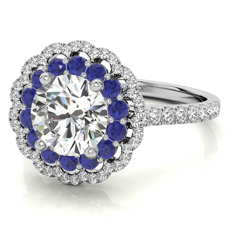 Round Halo Cathedral Moissanite Engagement Ring with Gemstone Accents