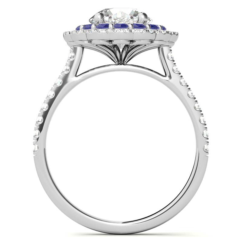 Round Halo Cathedral Moissanite Engagement Ring with Gemstone Accents