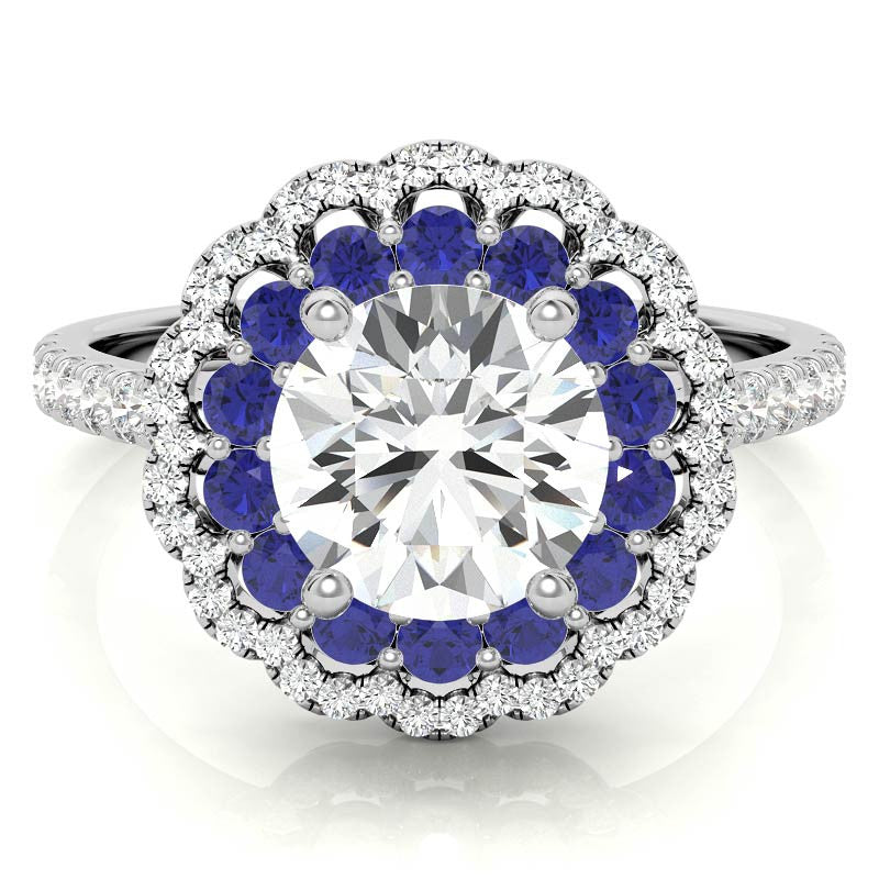 Round Halo Cathedral Moissanite Engagement Ring with Gemstone Accents