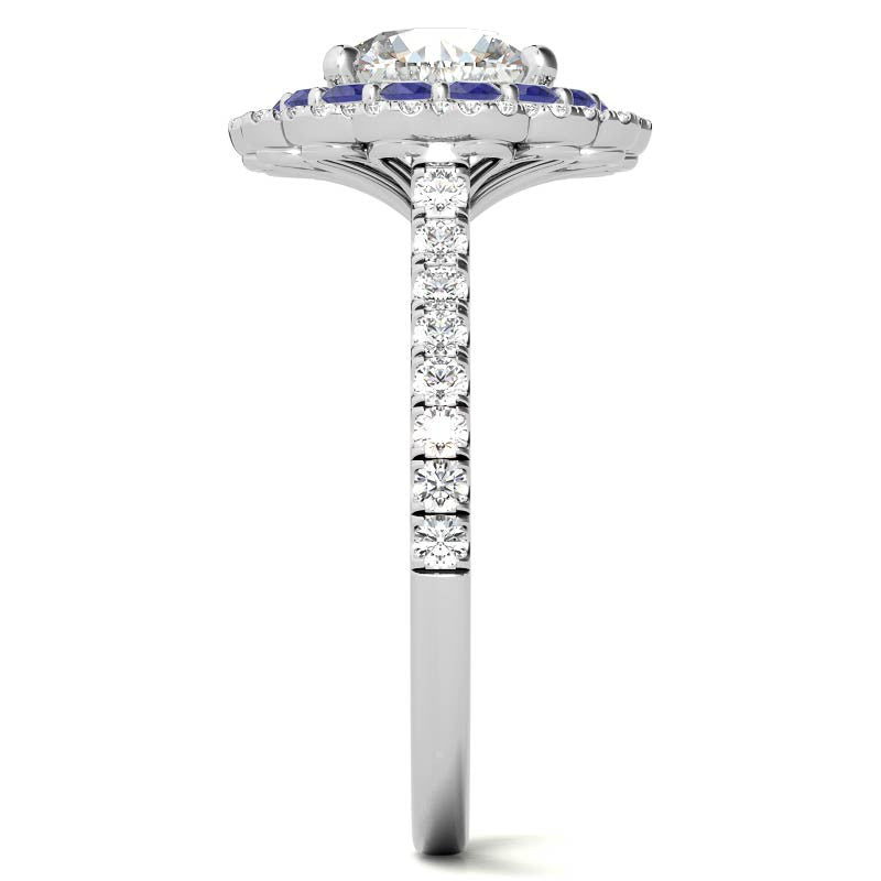 Round Halo Cathedral Moissanite Engagement Ring with Gemstone Accents