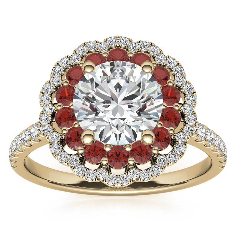 Round Halo Cathedral Moissanite Engagement Ring with Gemstone Accents
