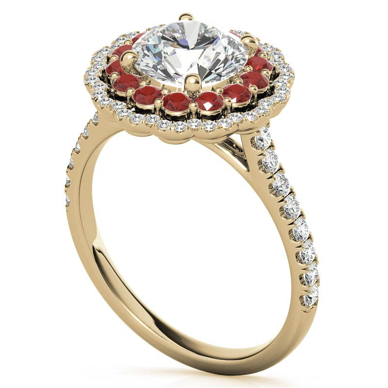 Round Halo Cathedral Moissanite Engagement Ring with Gemstone Accents