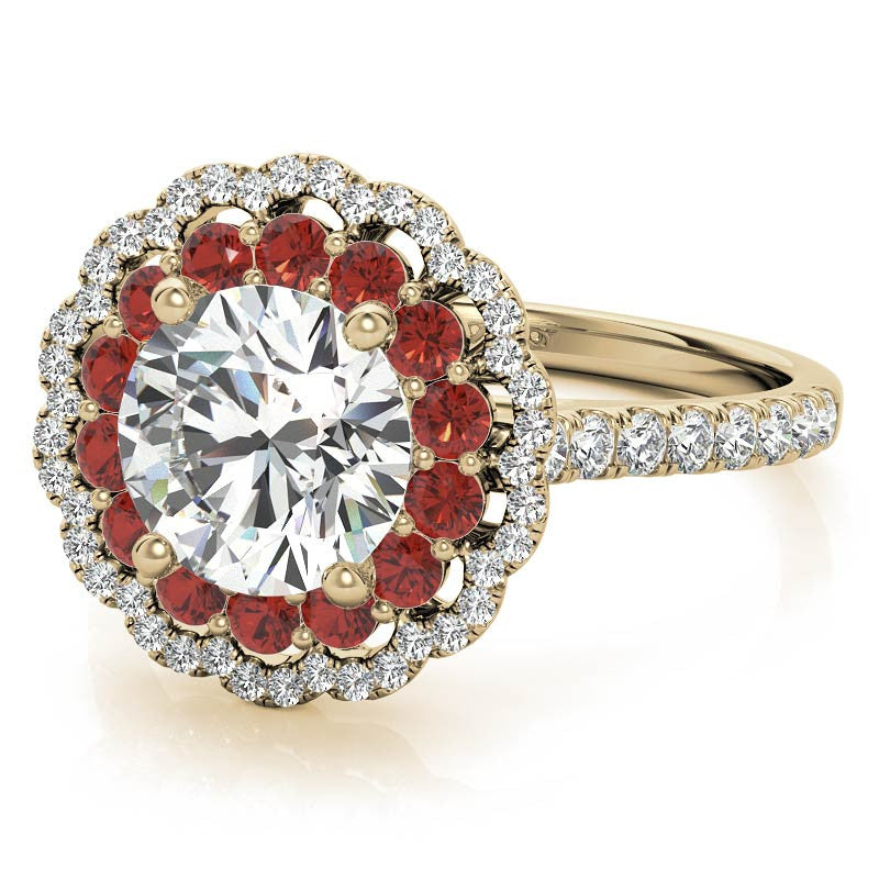 Round Halo Cathedral Moissanite Engagement Ring with Gemstone Accents