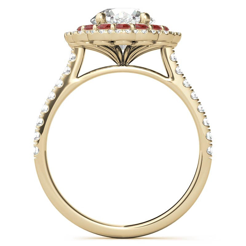 Round Halo Cathedral Moissanite Engagement Ring with Gemstone Accents