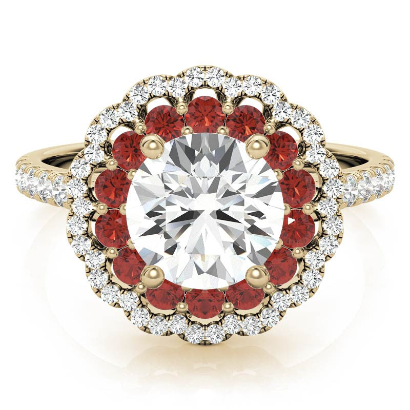 Round Halo Cathedral Moissanite Engagement Ring with Gemstone Accents