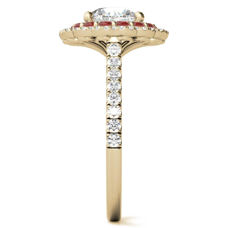 Round Halo Cathedral Moissanite Engagement Ring with Gemstone Accents