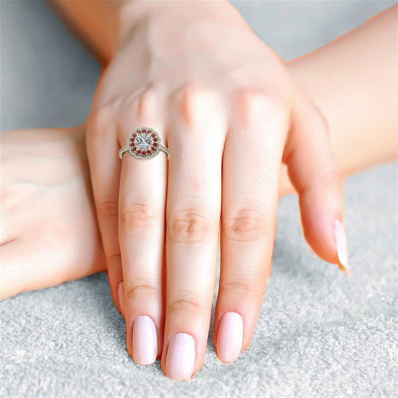 Round Halo Cathedral Moissanite Engagement Ring with Gemstone Accents
