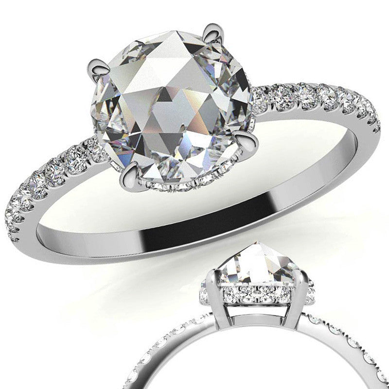Rose Cut Moissanite Engagement Ring with Hidden Halo