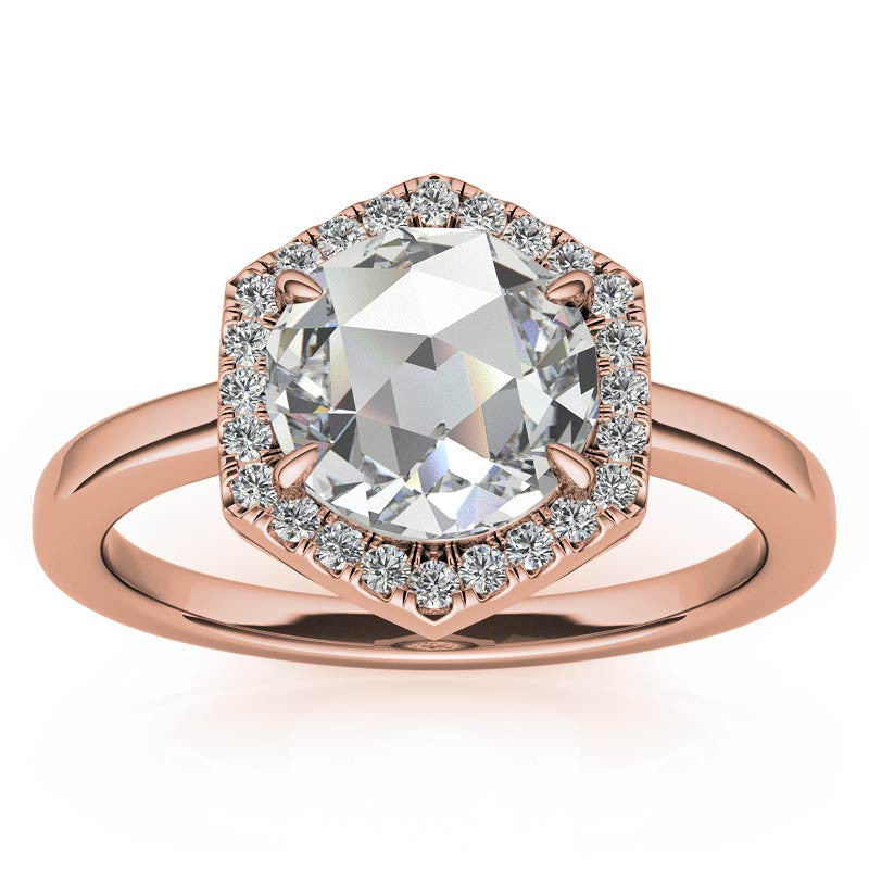 Rose Moissanite Hexagon Halo Engagement Ring