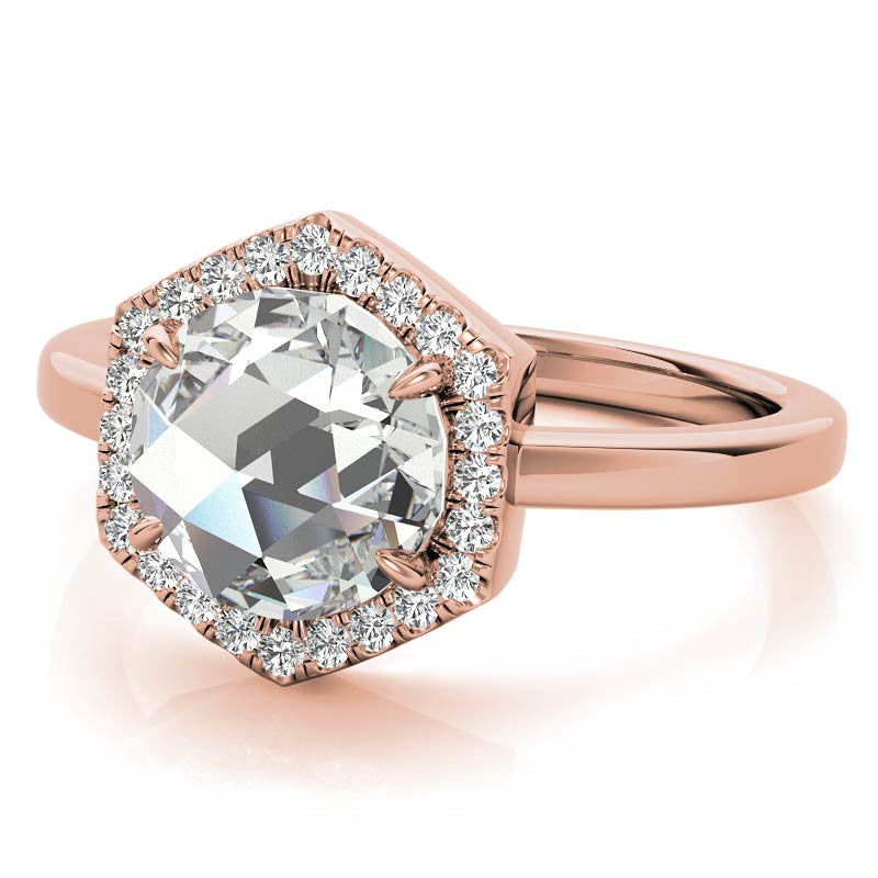 Rose Moissanite Hexagon Halo Engagement Ring