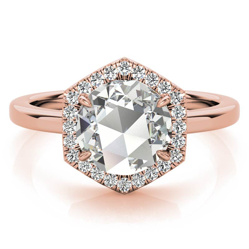 Rose Moissanite Hexagon Halo Engagement Ring