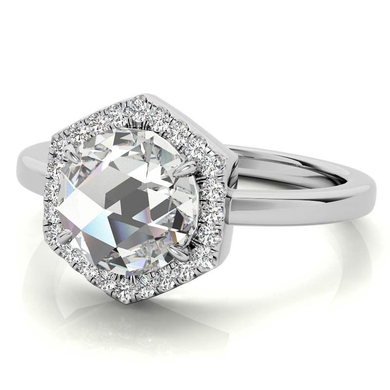 Rose Moissanite Hexagon Halo Engagement Ring
