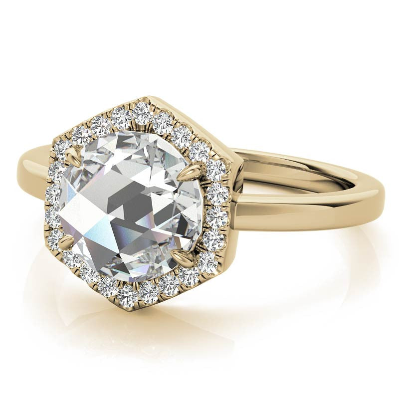 Rose Moissanite Hexagon Halo Engagement Ring
