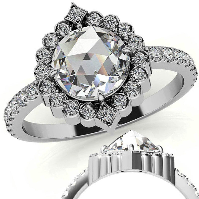 Rose cut Moissanite Halo Engagement Ring