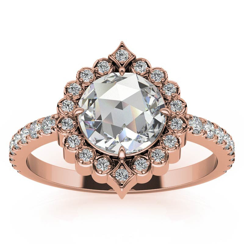 Rose cut Moissanite Halo Engagement Ring