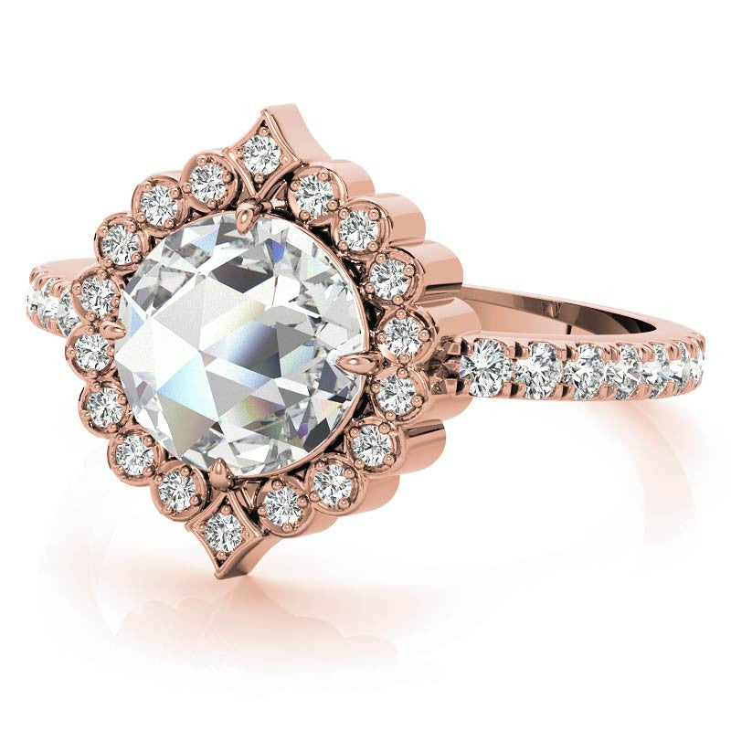 Rose cut Moissanite Halo Engagement Ring