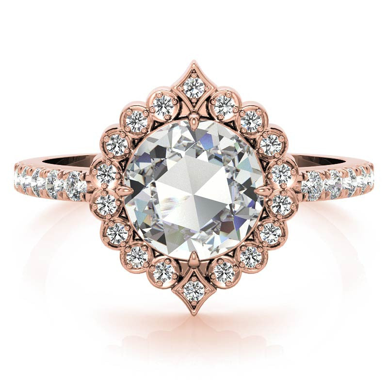 Rose cut Moissanite Halo Engagement Ring