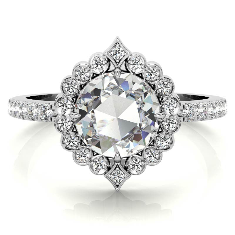 Rose cut Moissanite Halo Engagement Ring