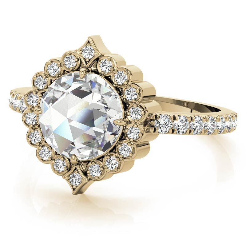 Rose cut Moissanite Halo Engagement Ring