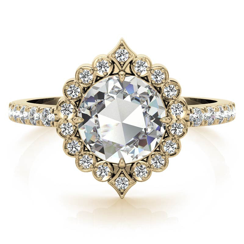 Rose cut Moissanite Halo Engagement Ring