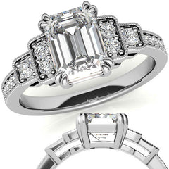 Unique Emerald / Radiant Moissanite Engagement Ring with Milgrain