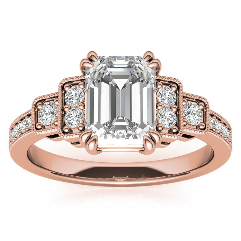 Unique Emerald / Radiant Moissanite Engagement Ring with Milgrain