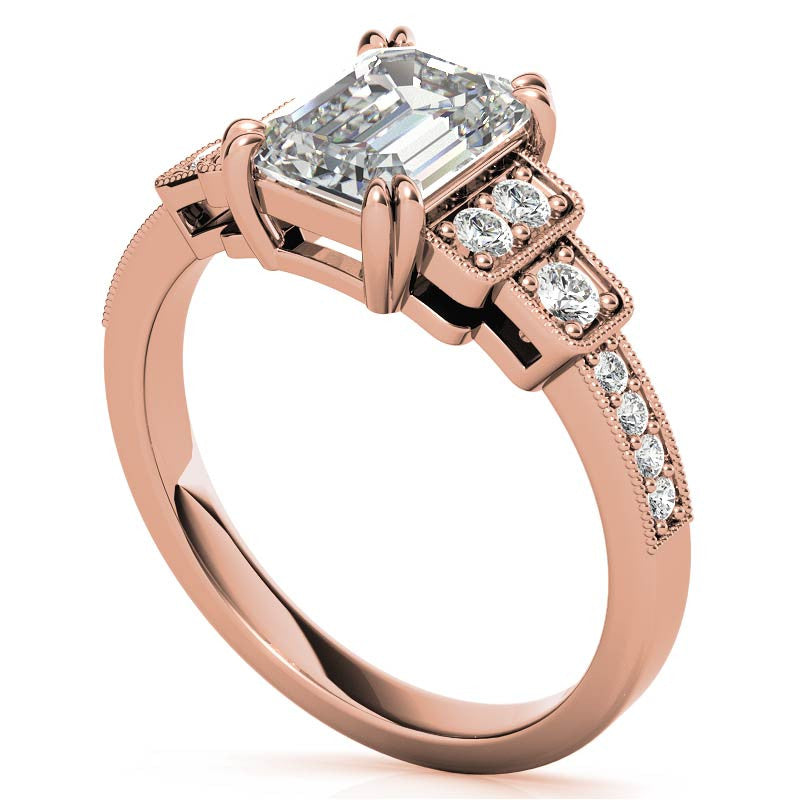 Unique Emerald / Radiant Moissanite Engagement Ring with Milgrain