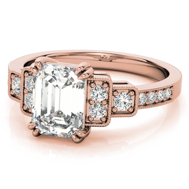 Unique Emerald / Radiant Moissanite Engagement Ring with Milgrain