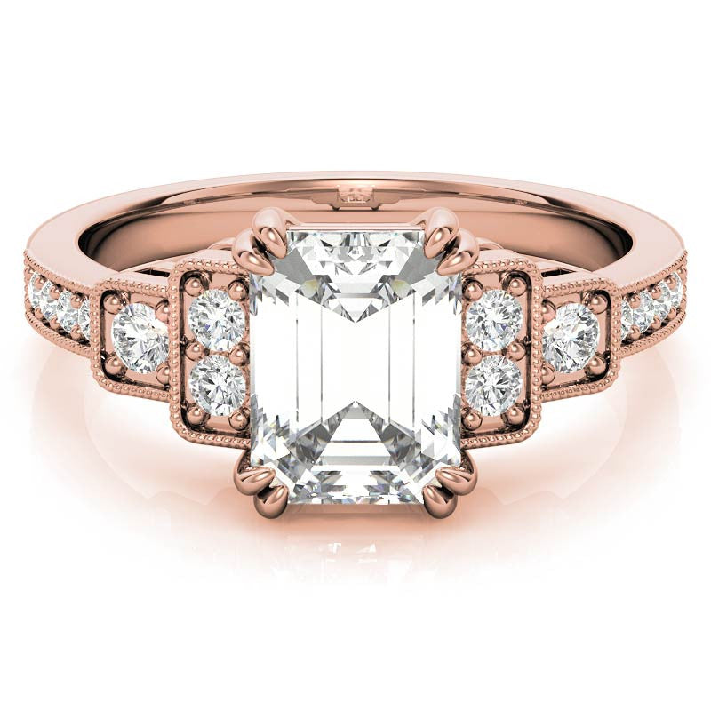 Unique Emerald / Radiant Moissanite Engagement Ring with Milgrain