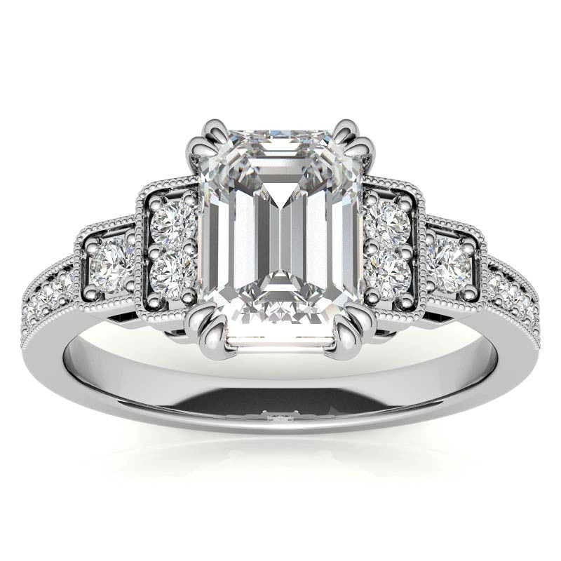 Unique Emerald / Radiant Moissanite Engagement Ring with Milgrain