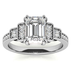 Unique Emerald / Radiant Moissanite Engagement Ring with Milgrain