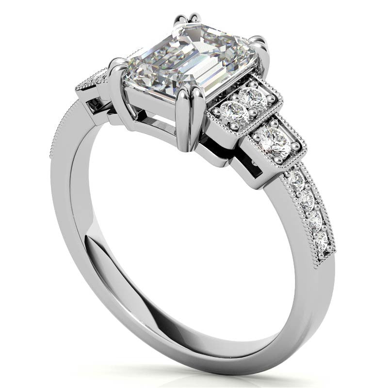 Unique Emerald / Radiant Moissanite Engagement Ring with Milgrain