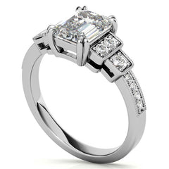 Unique Emerald / Radiant Moissanite Engagement Ring with Milgrain