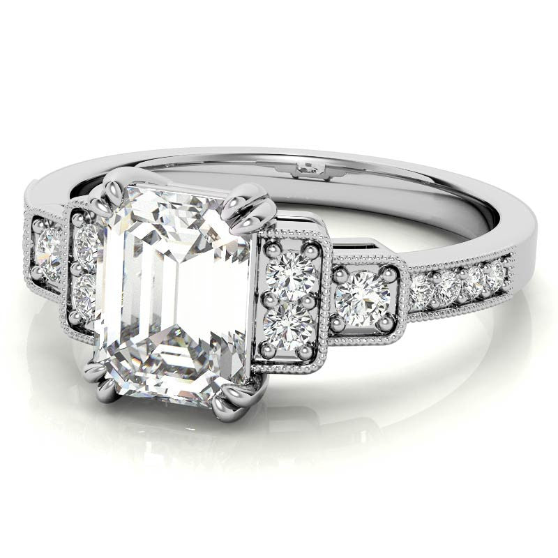Unique Emerald / Radiant Moissanite Engagement Ring with Milgrain