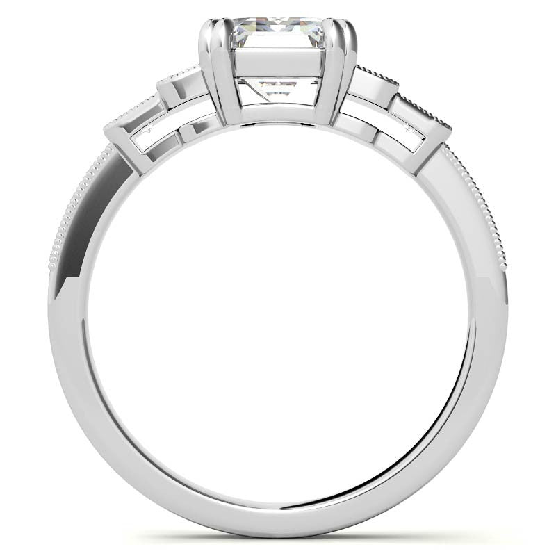 Unique Emerald / Radiant Moissanite Engagement Ring with Milgrain