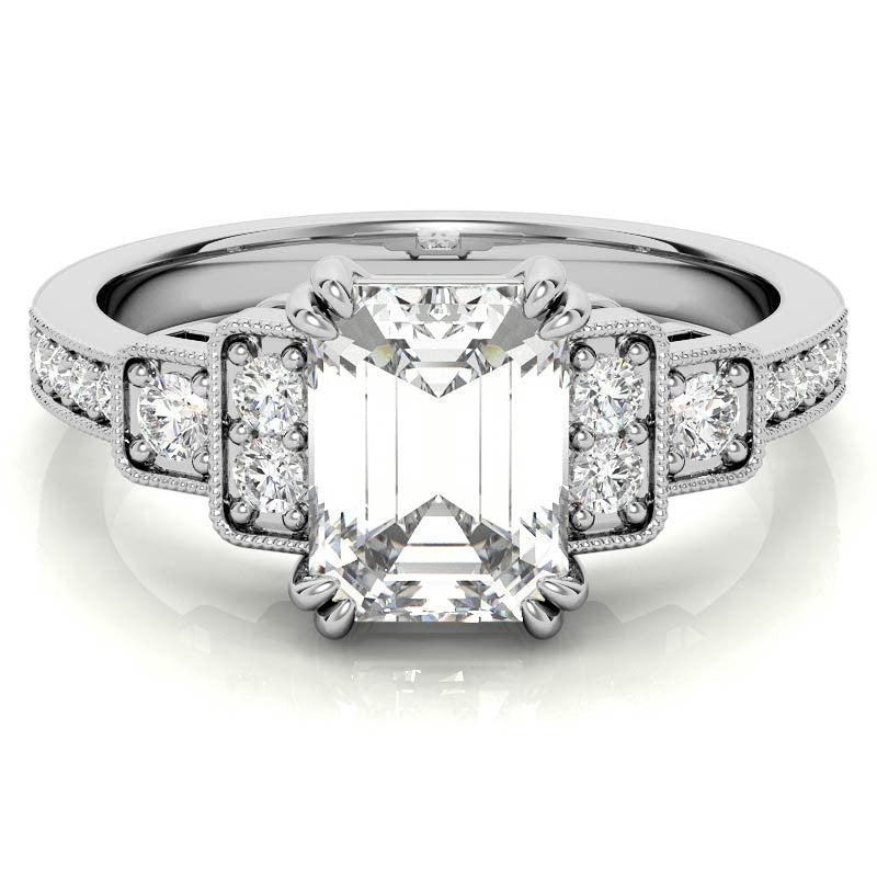 Unique Emerald / Radiant Moissanite Engagement Ring with Milgrain