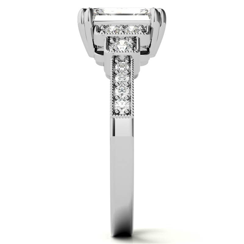 Unique Emerald / Radiant Moissanite Engagement Ring with Milgrain