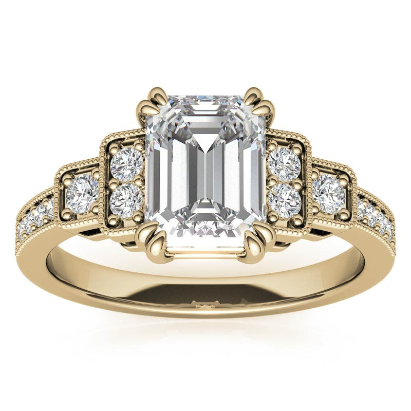 Unique Emerald / Radiant Moissanite Engagement Ring with Milgrain
