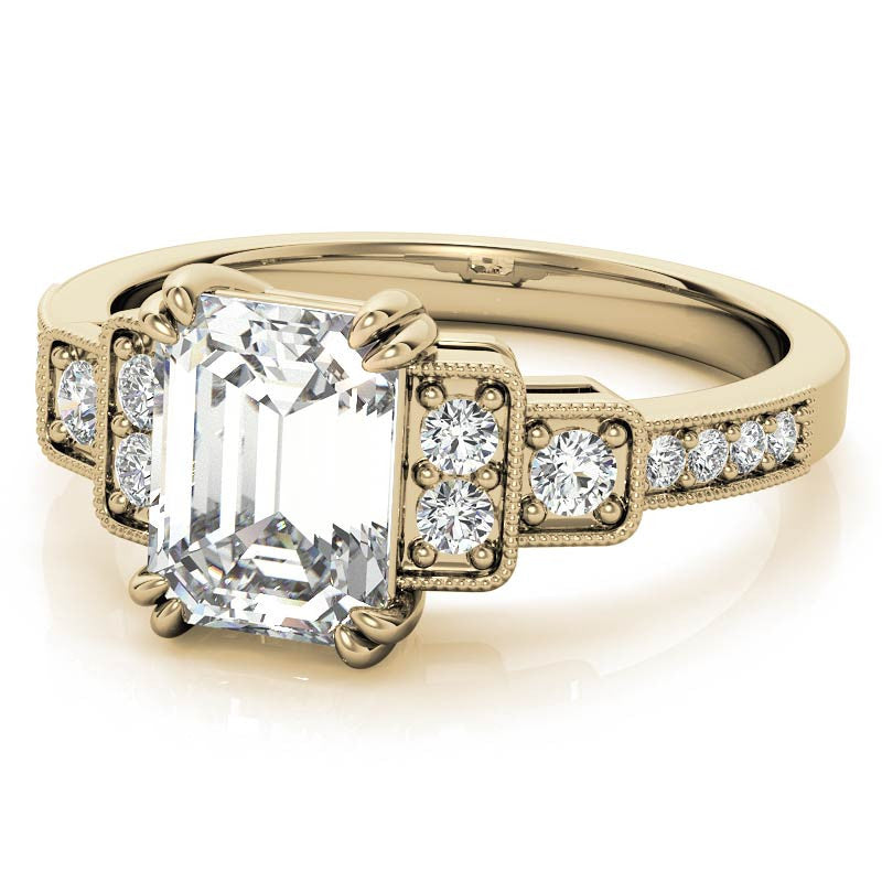 Unique Emerald / Radiant Moissanite Engagement Ring with Milgrain