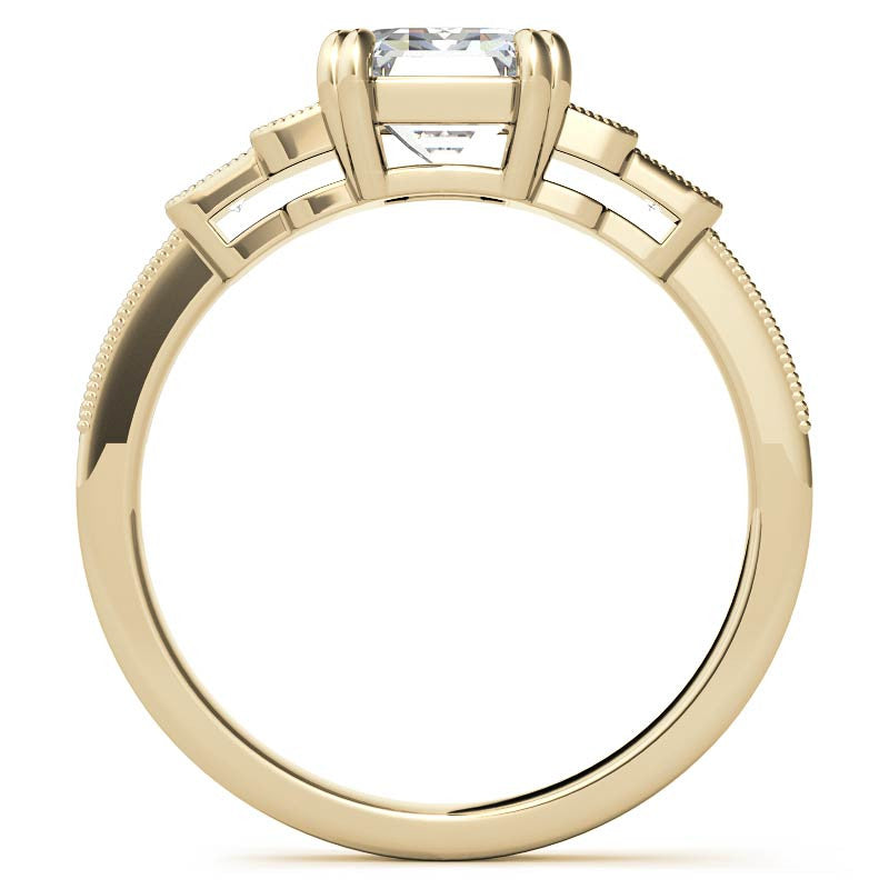 Unique Emerald / Radiant Moissanite Engagement Ring with Milgrain