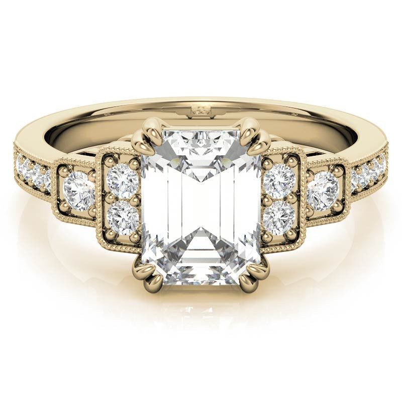 Unique Emerald / Radiant Moissanite Engagement Ring with Milgrain