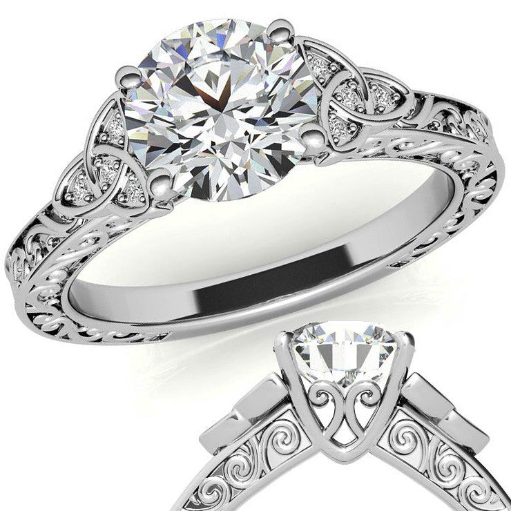 Scroll Design Round Celtic Knot Moissanite Engagement Ring